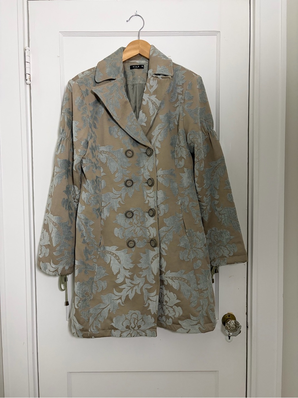 VILA Taupe Coat with Light Blue Floral Jacquard